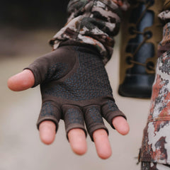 Silicone palm grip on First Lite Rugged Wool glove for secure handling