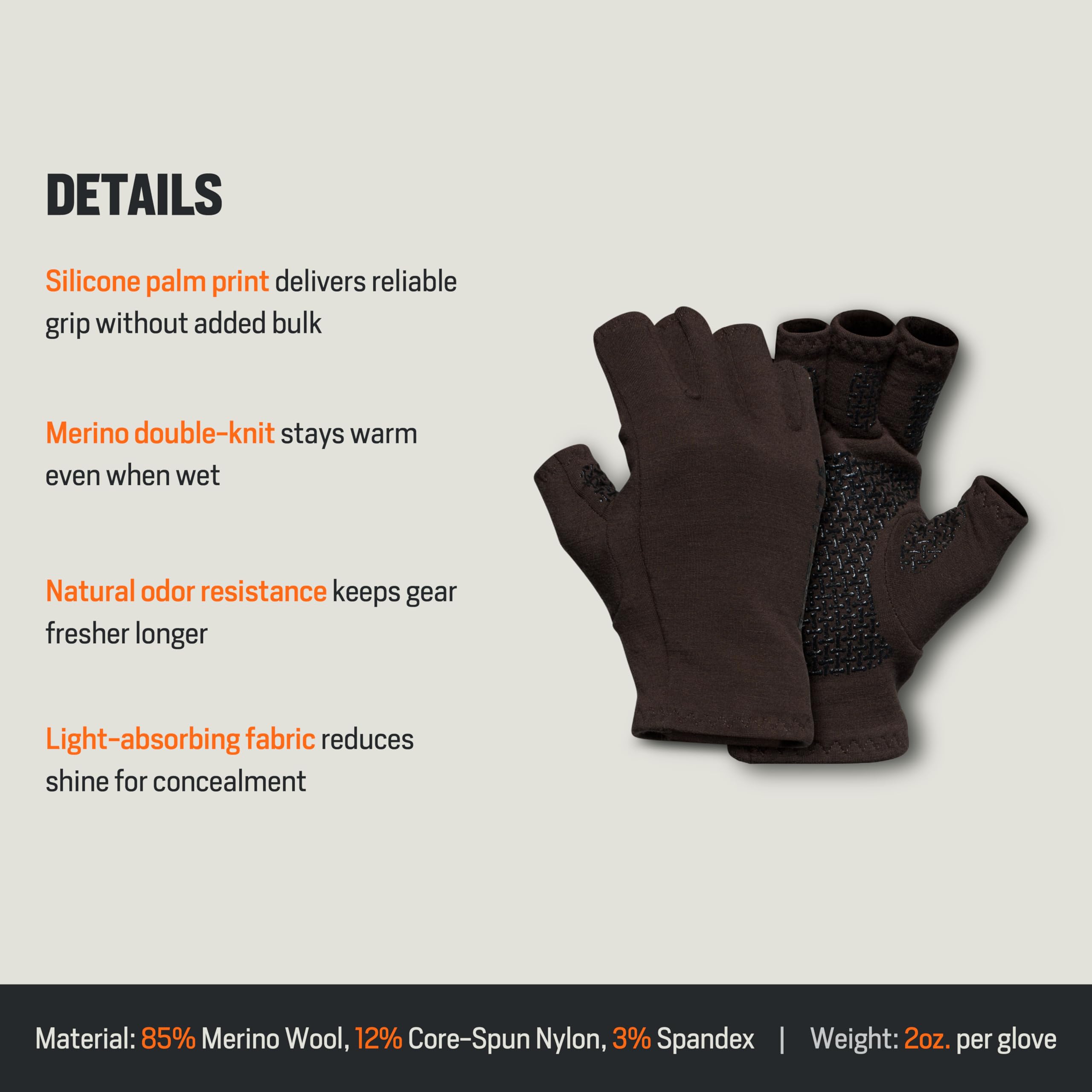 First Lite Rugged Wool Half Finger Glove lightweight warmth for cold-weather hunts