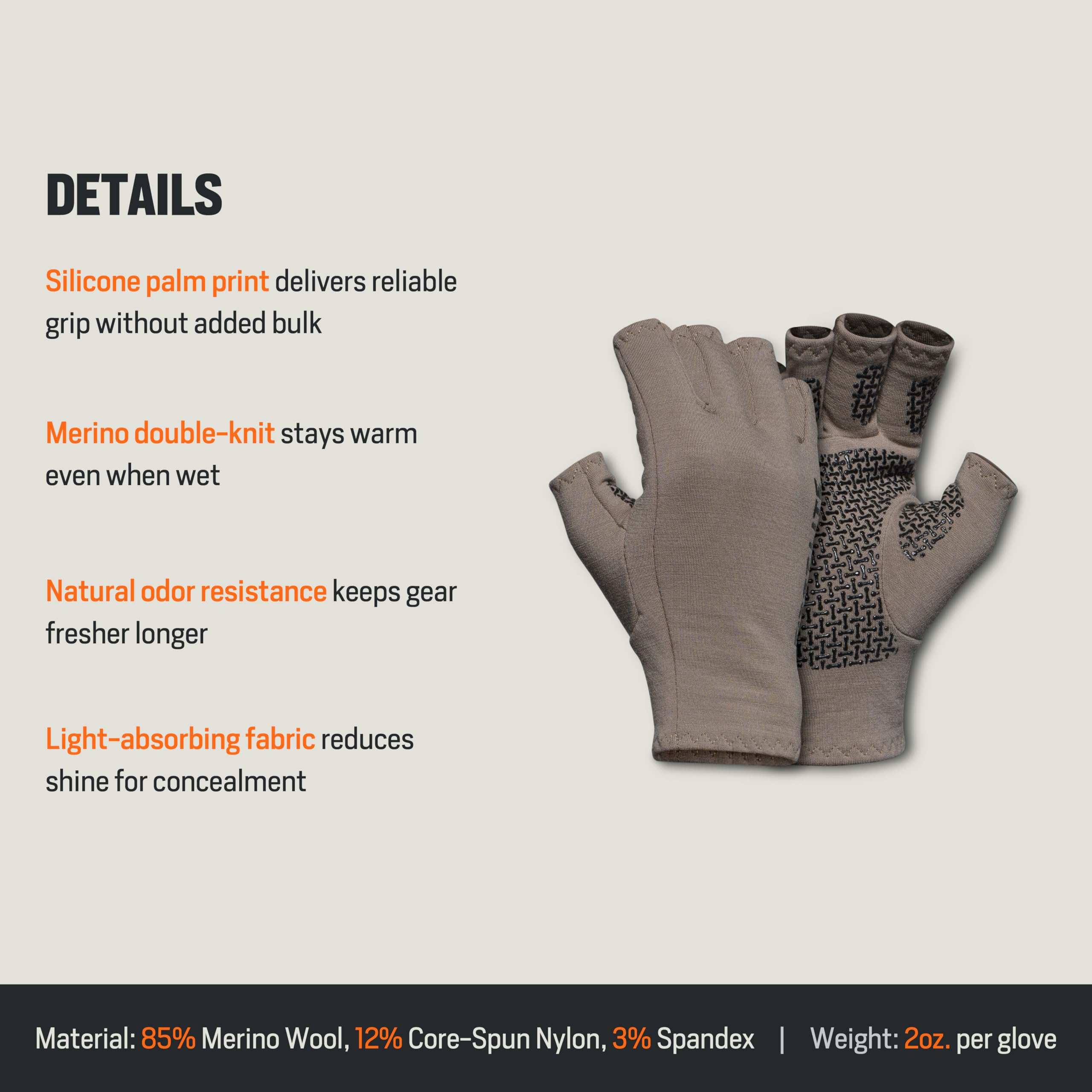 Exposed half-finger tips on First Lite Rugged Wool glove for precise control