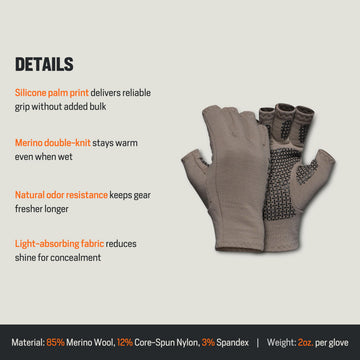 Exposed half-finger tips on First Lite Rugged Wool glove for precise control