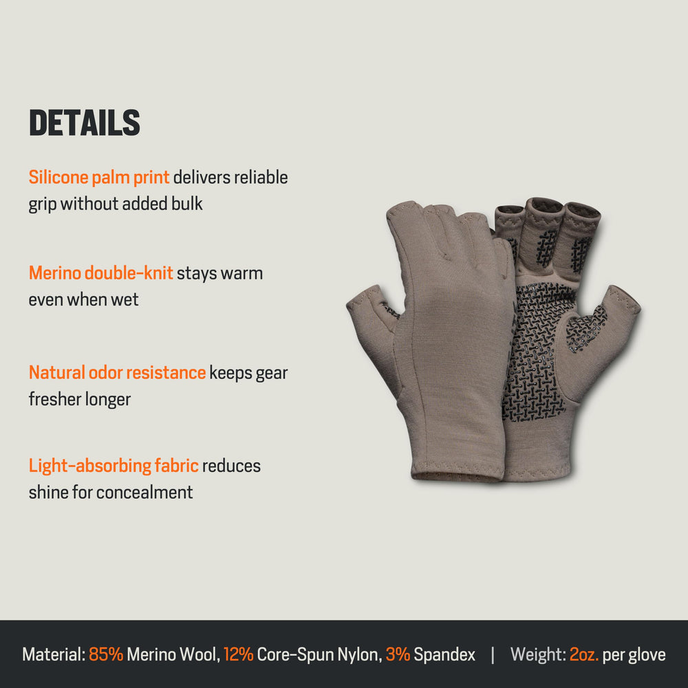 Exposed half-finger tips on First Lite Rugged Wool glove for precise control