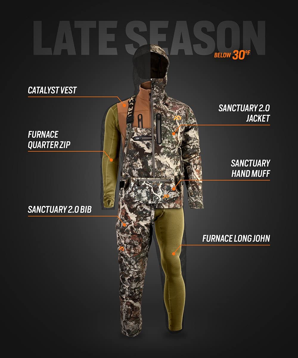 First Lite Sanctuary 2.0 64oz weighted build suitable for all-day hunts.