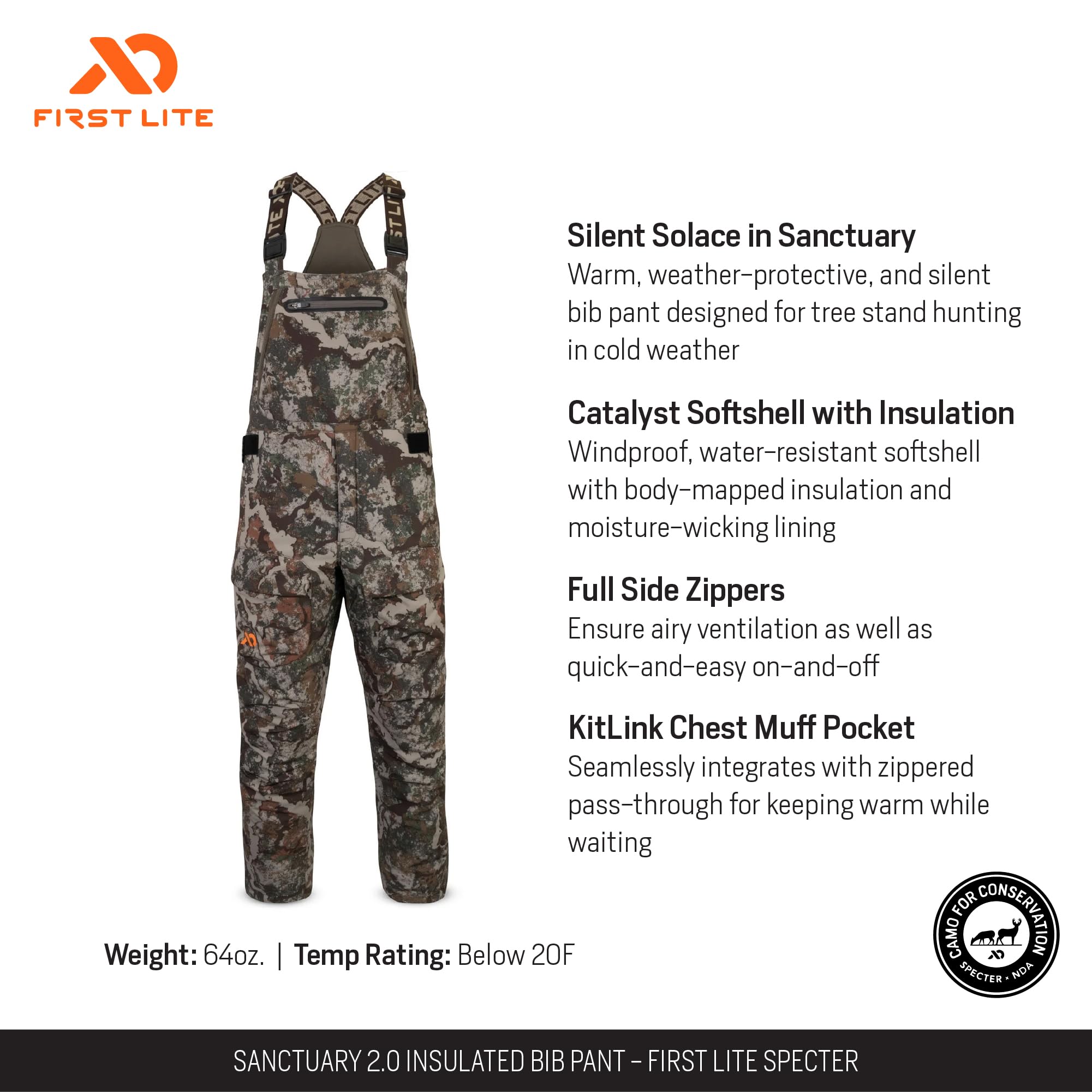 First Lite Sanctuary 2.0 softshell camo bib pant showing windproof and water resistance.