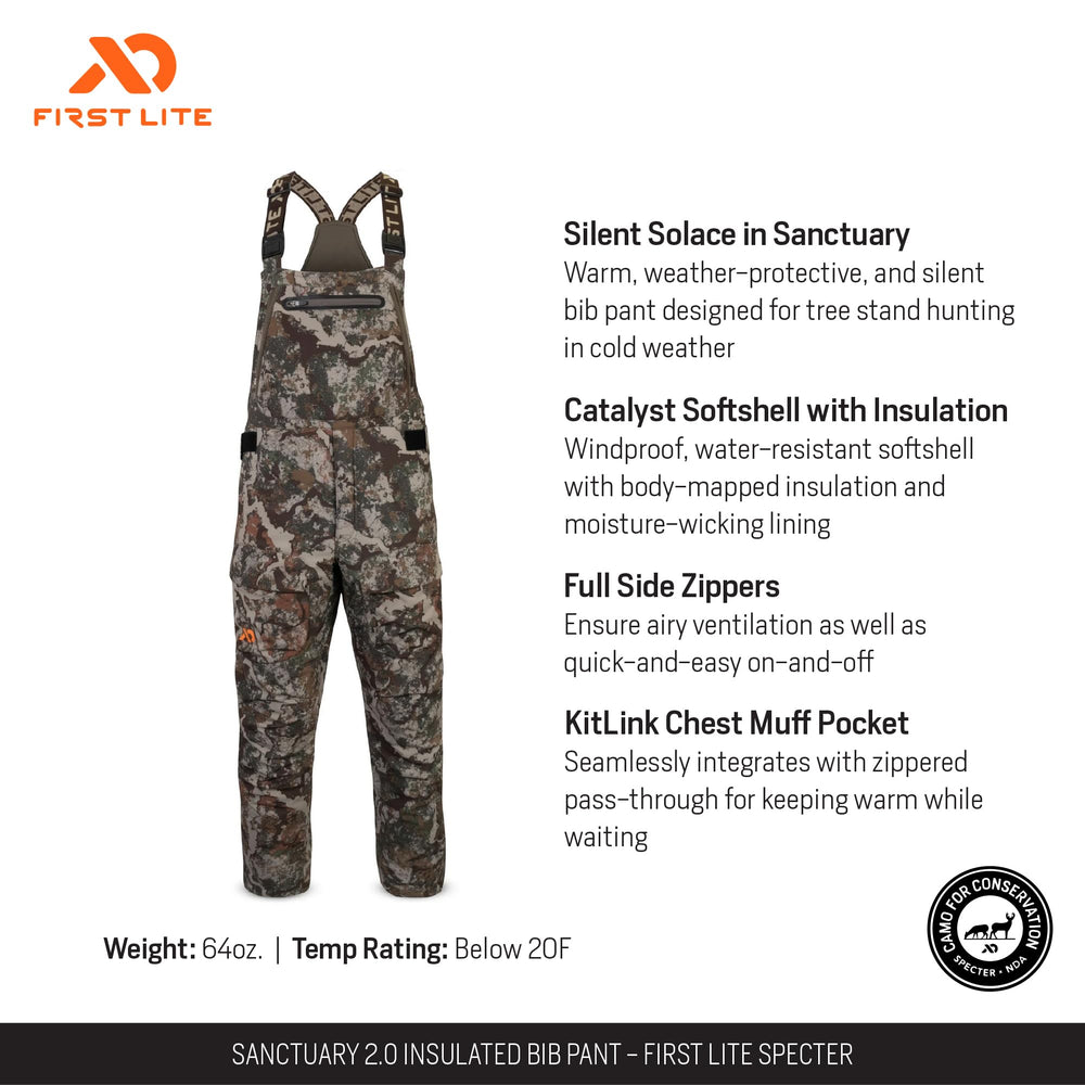 First Lite Sanctuary 2.0 softshell camo bib pant showing windproof and water resistance.