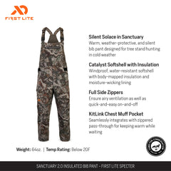 First Lite Sanctuary 2.0 softshell camo bib pant showing windproof and water resistance.