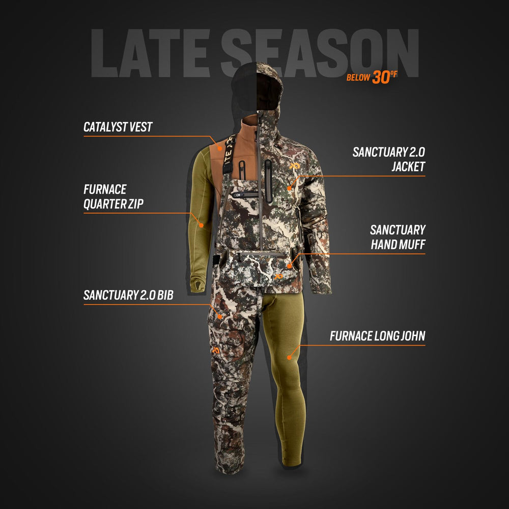 First Lite Sanctuary 2.0 windproof exterior protects against cold gusts.