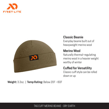 First Lite Tag Cuff Merino Beanie, side view, thermoregulating Merino for all-day wear.