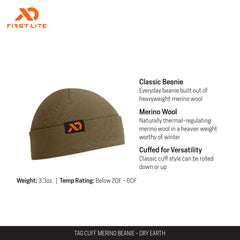 First Lite Tag Cuff Merino Beanie, side view, thermoregulating Merino for all-day wear.