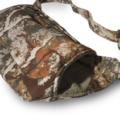 First Lite Thermic Muff, side view, windproof exterior protects against cold treestands.