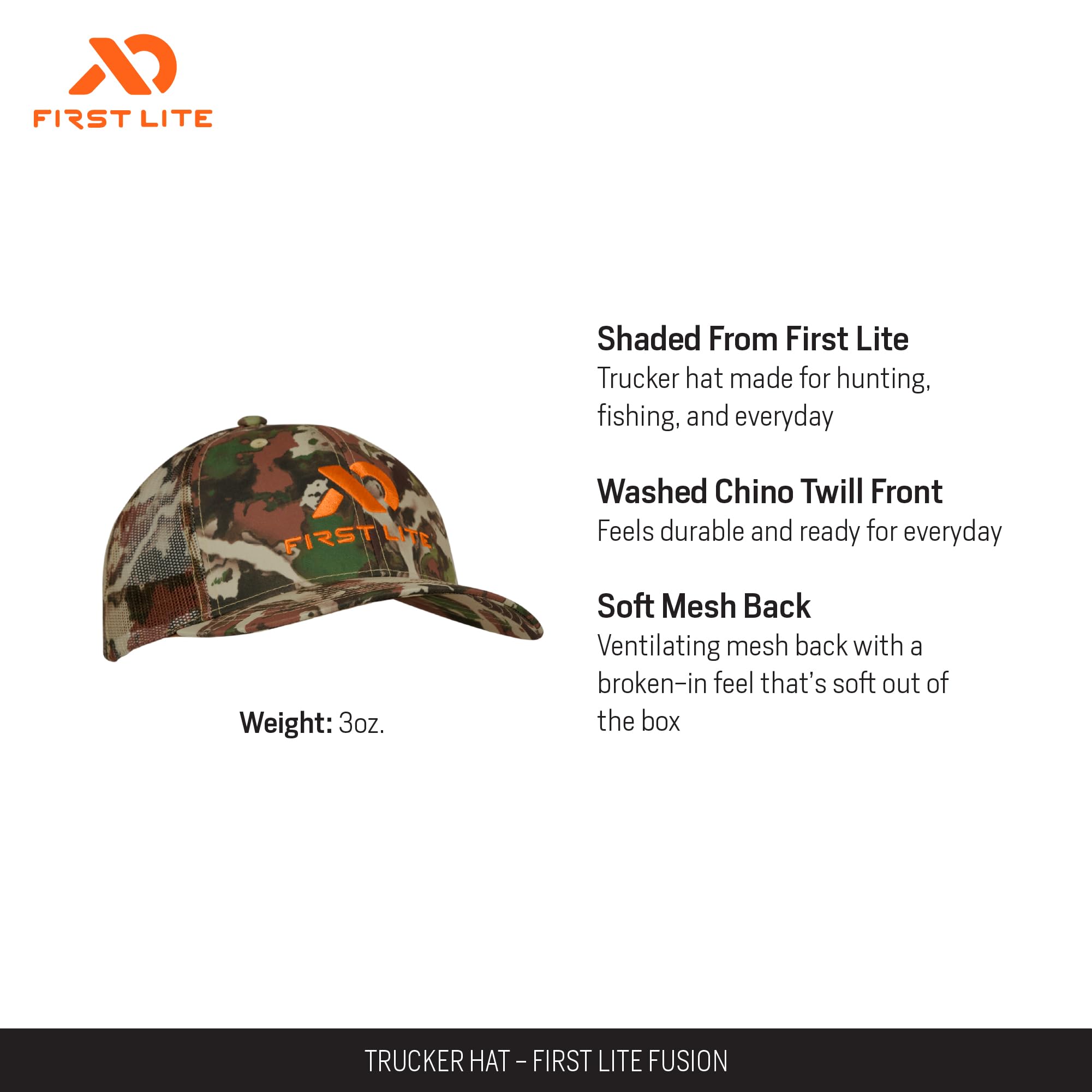 First Lite Trucker Hat back view highlighting breathable mesh for warm days