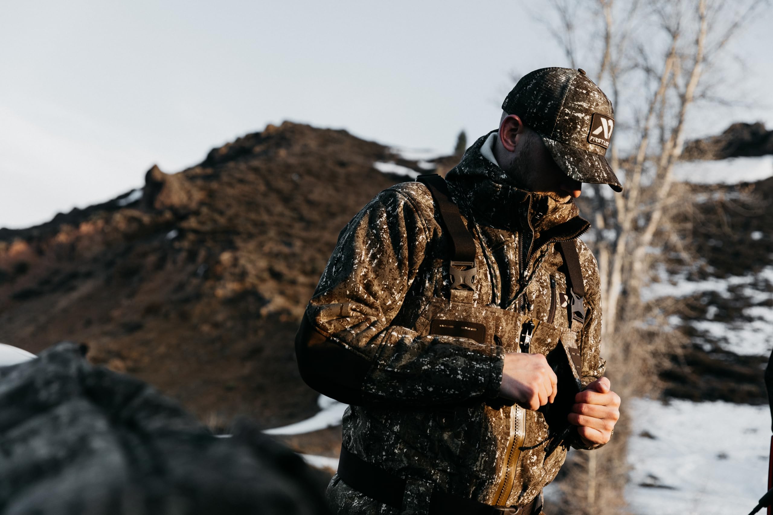 First Lite Trucker Hat Darkwater lifestyle shot for everyday versatility