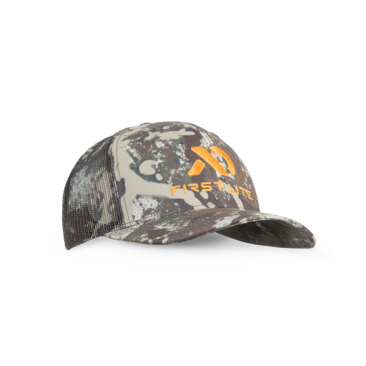 First Lite Trucker Hat front view with shaded sun protection for outdoor activities.