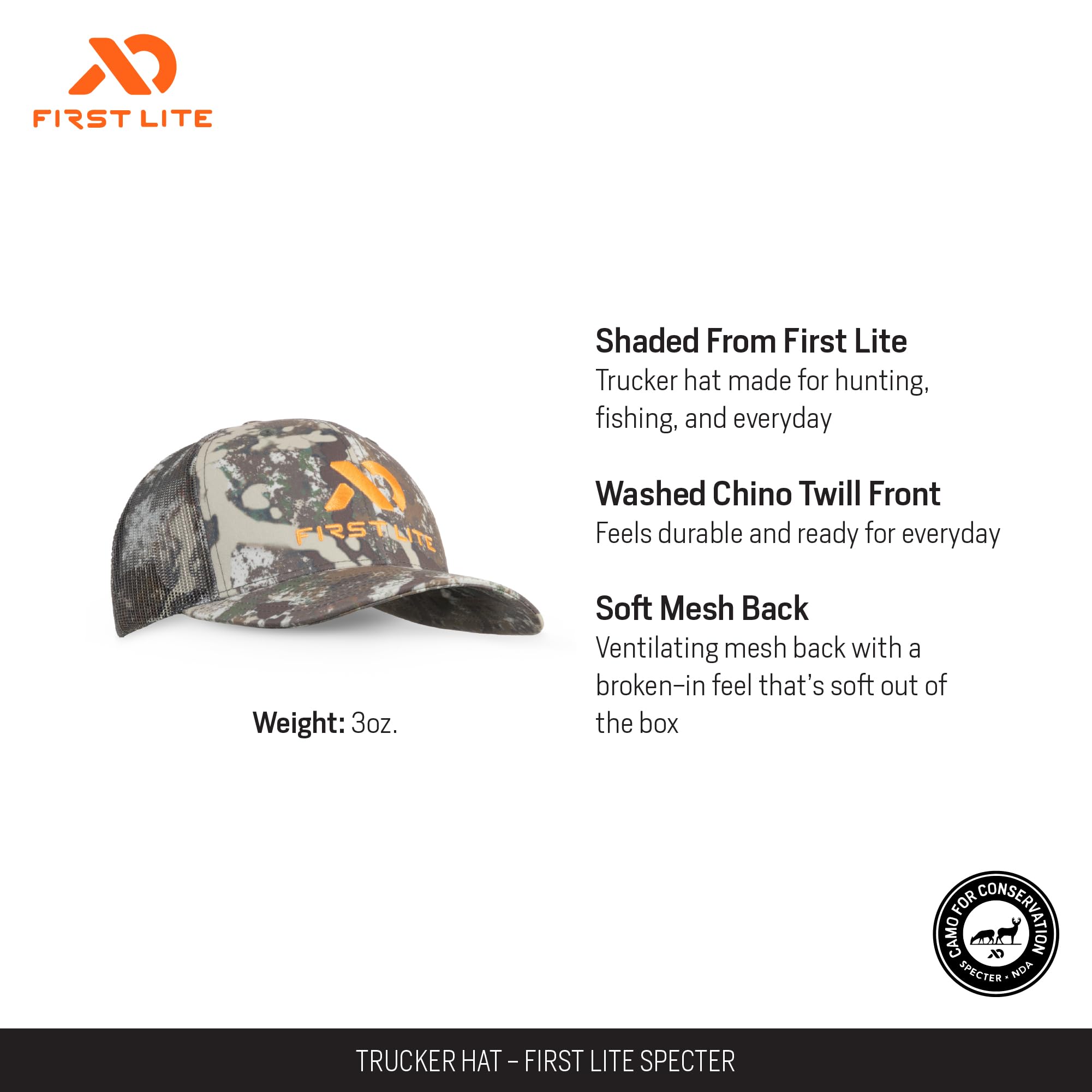 First Lite Trucker Hat side view highlighting lightweight mesh for breathability.