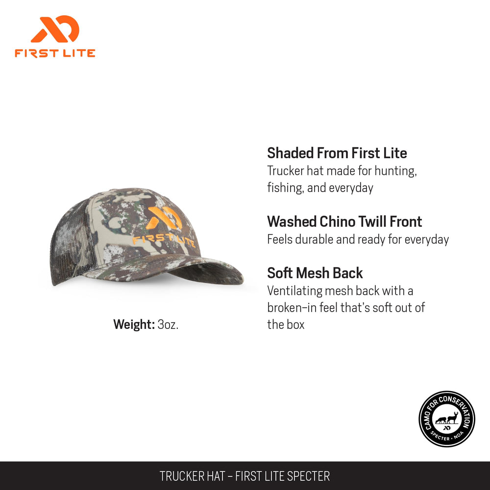 First Lite Trucker Hat side view highlighting lightweight mesh for breathability.