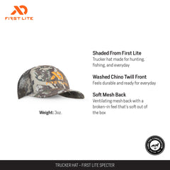 First Lite Trucker Hat side view highlighting lightweight mesh for breathability.