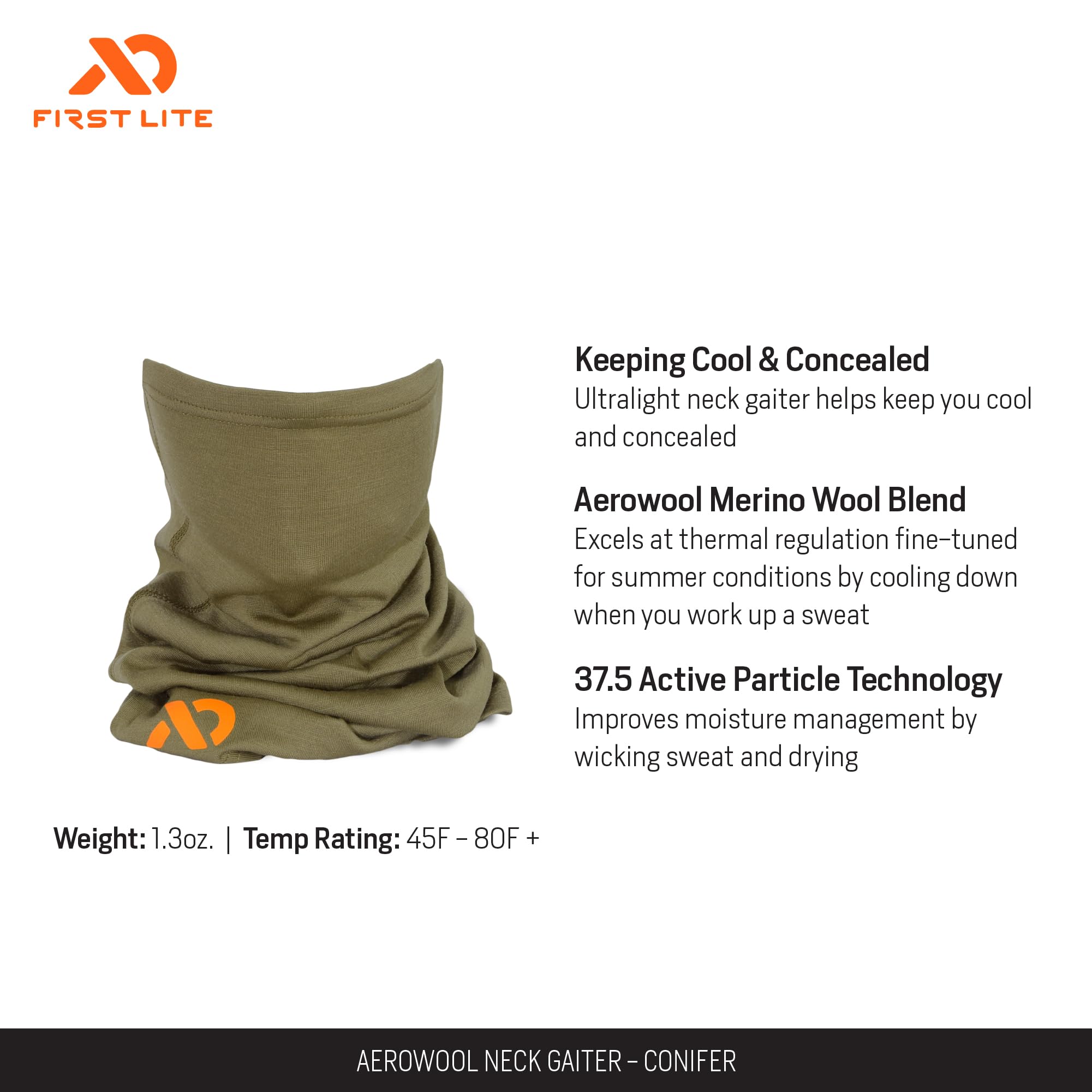 First Lite Aerowool neck gaiter conifer, worn view highlighting breathability and stealth on hunts.