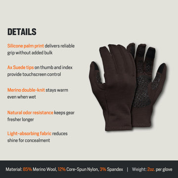 First Lite Rugged Wool Fleece Glove Terra merino blend for natural temperature regulation.