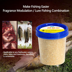 Fish Attractant Powder application method shows cup and water steps.