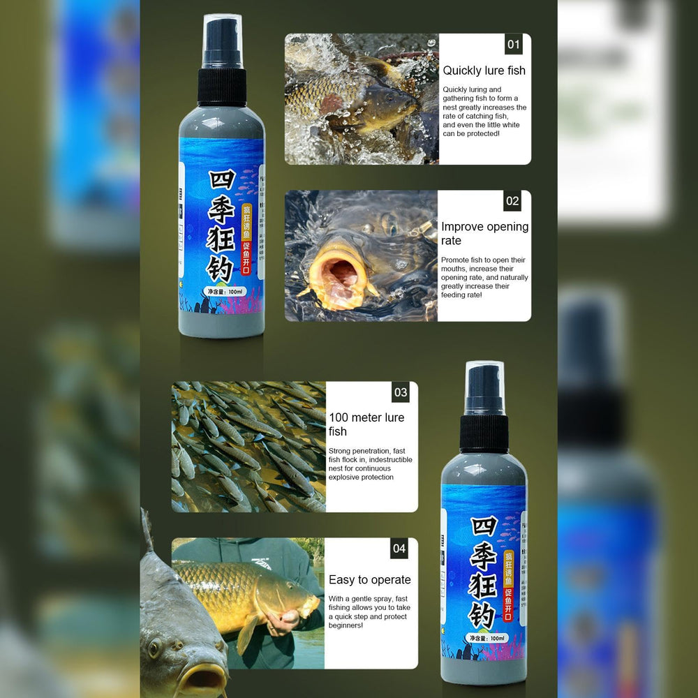 Fish Attractant Spray eco-friendly label emphasizes safe formulation.