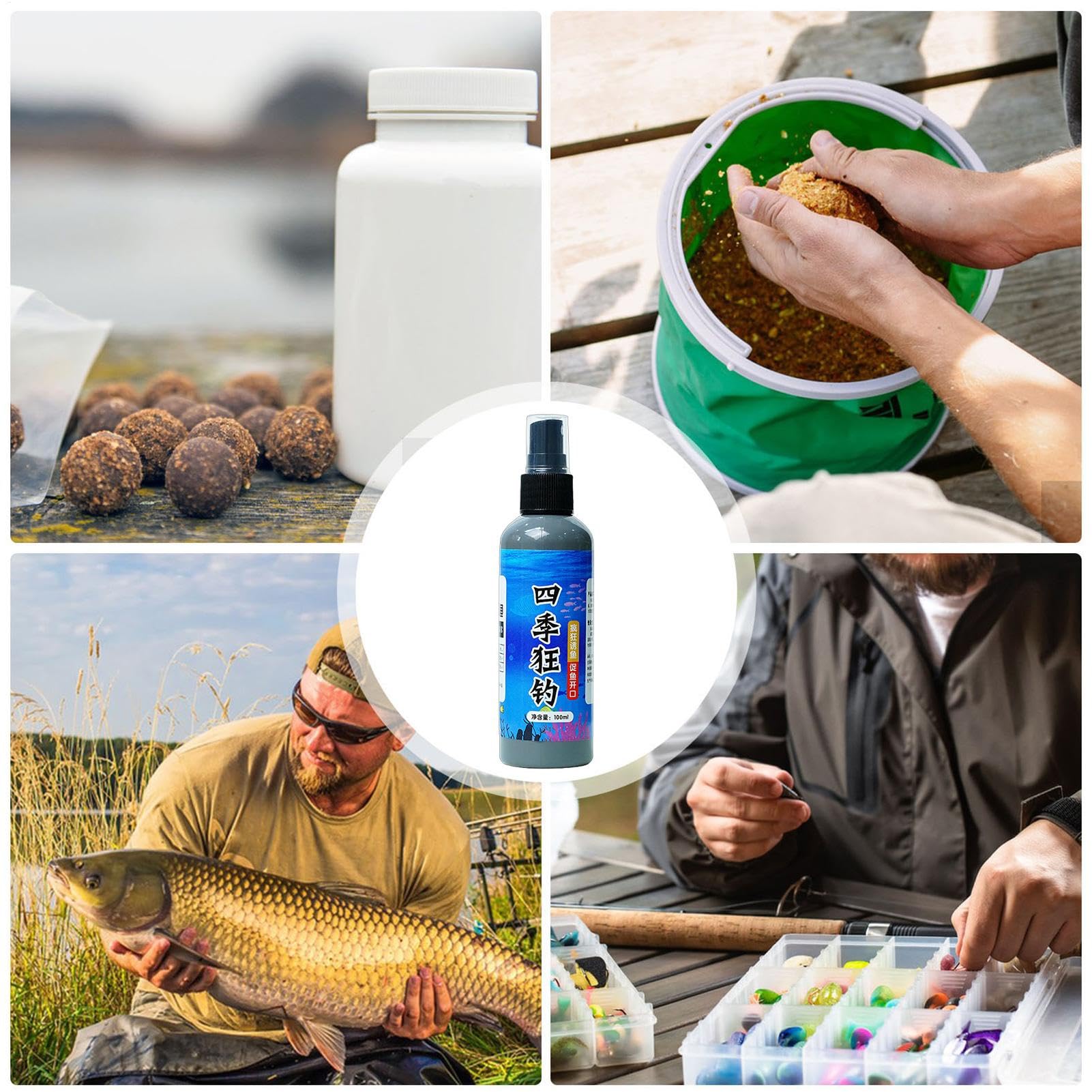Fish Attractant Spray scene with trout and bass, boosting bite potential on water.