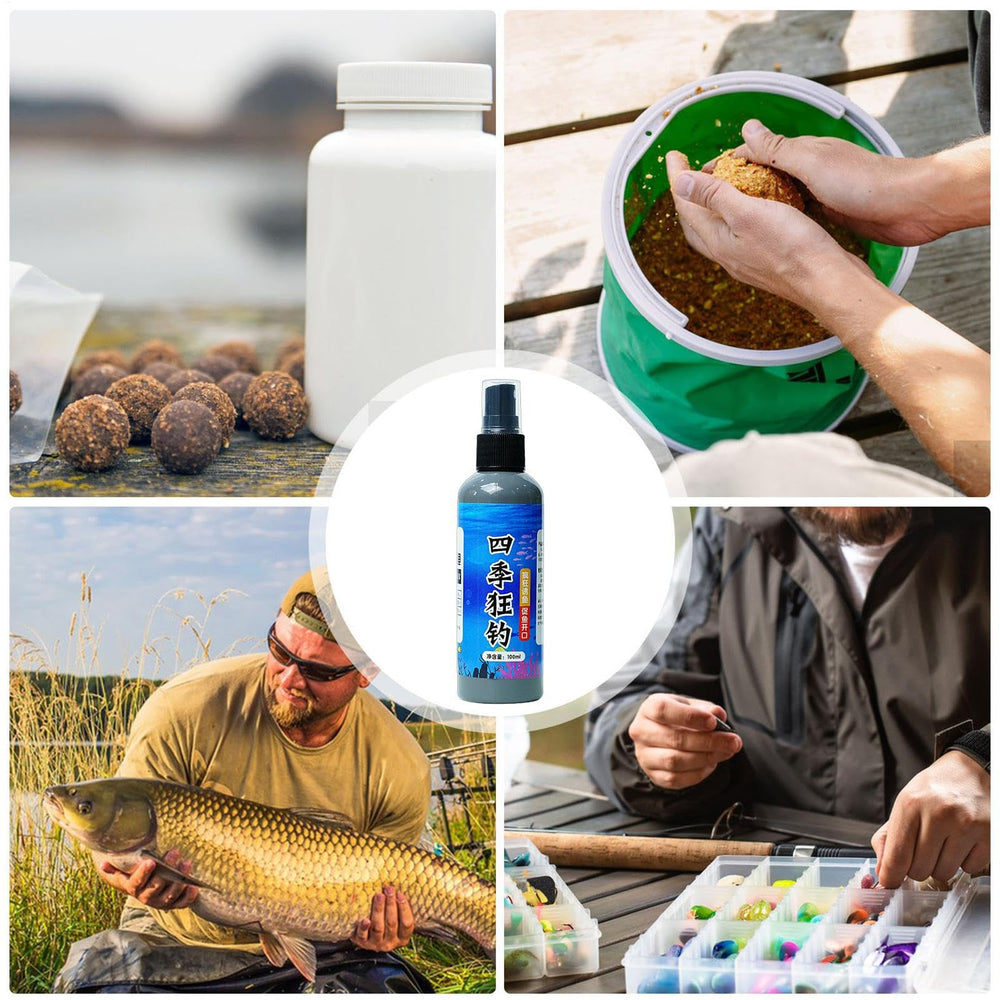 Fish Attractant Spray scene with trout and bass, boosting bite potential on water.