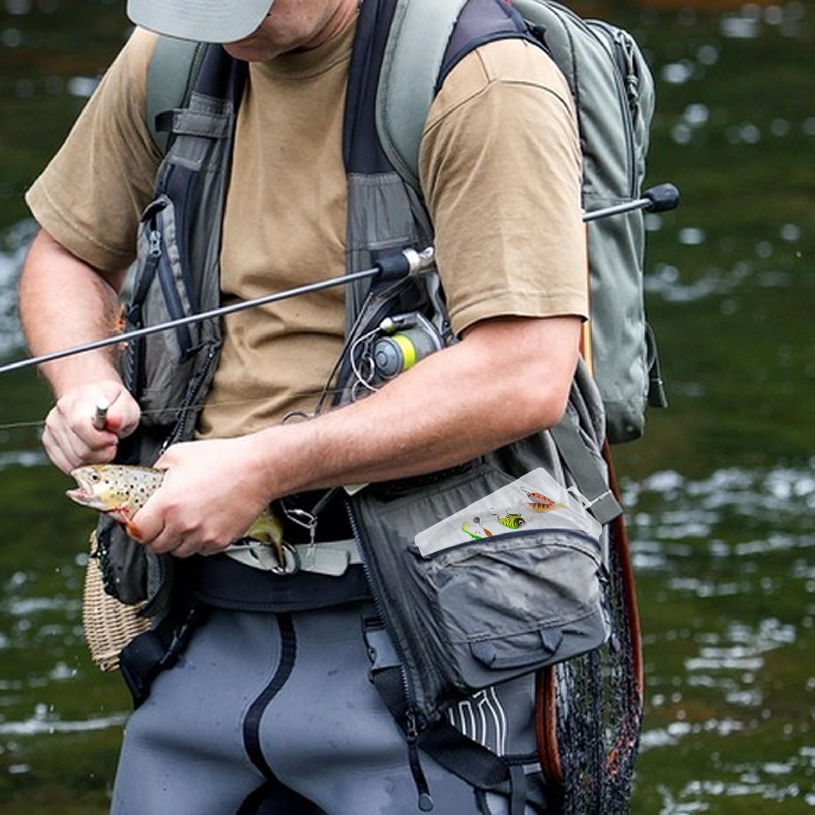Close-up of clear lure organizer with eight removable compartments