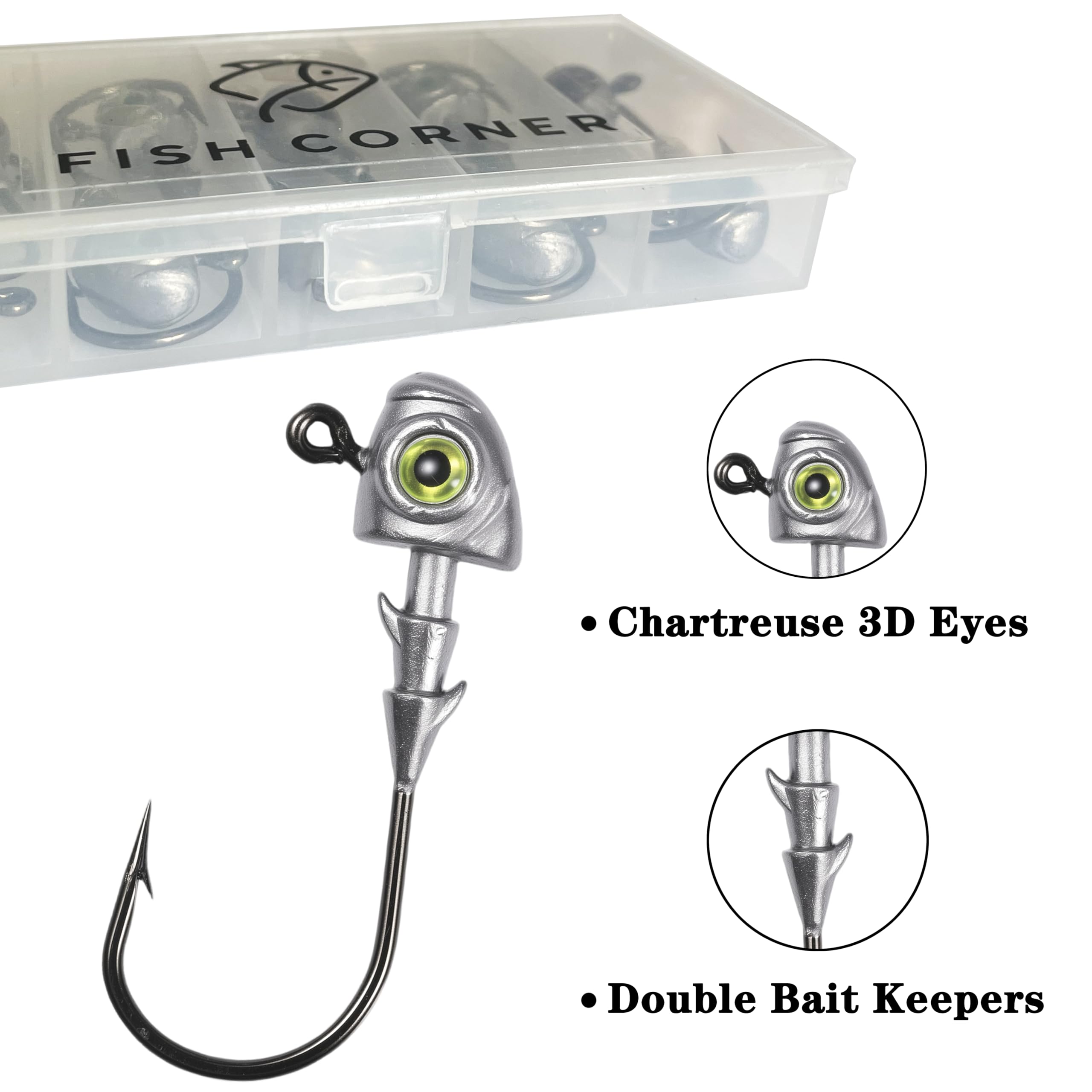 Fish Corner swimbait jig heads 3/8 oz with double bait keepers and 3D eyes