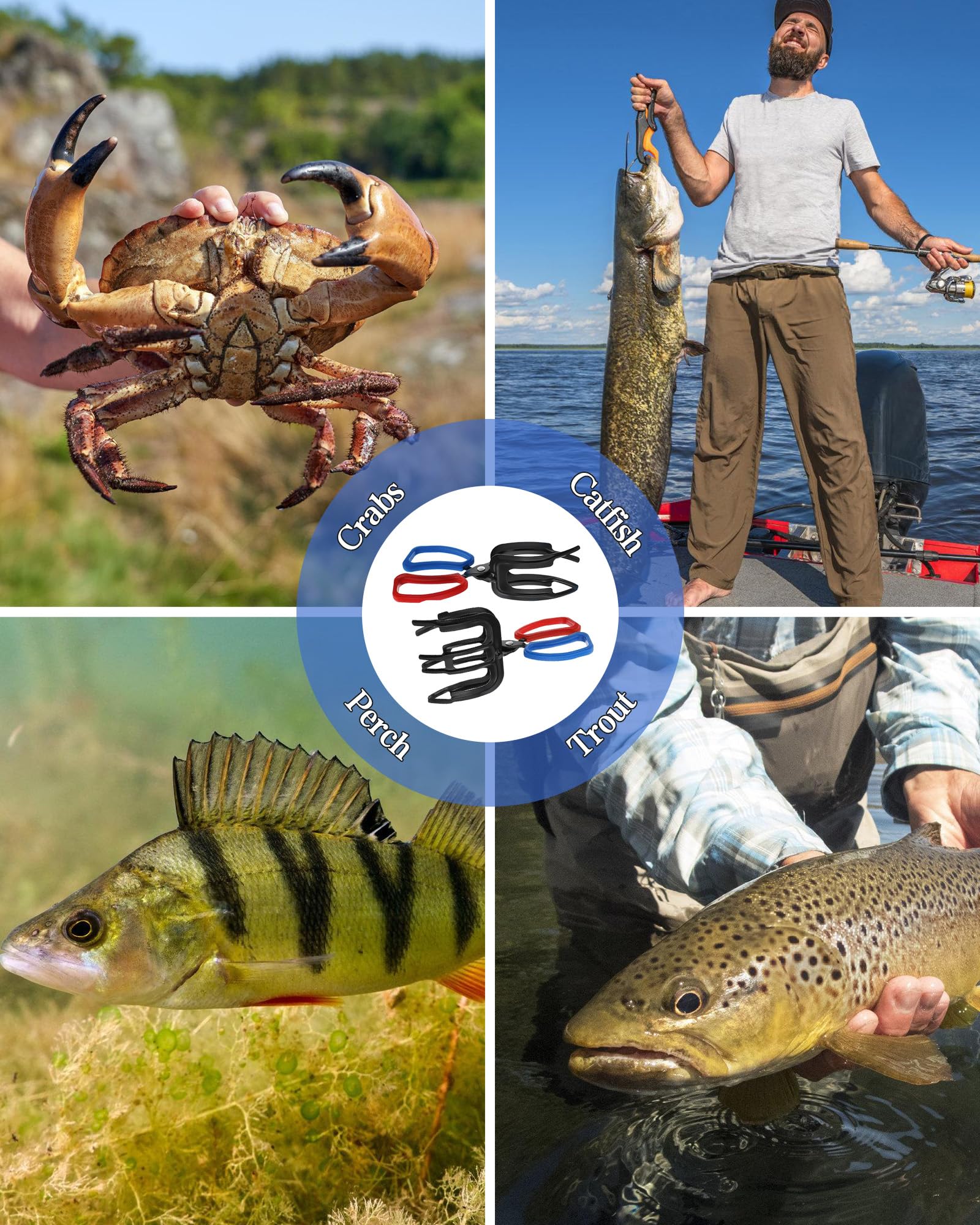 Clip-style fish gripper securing a catch including crab