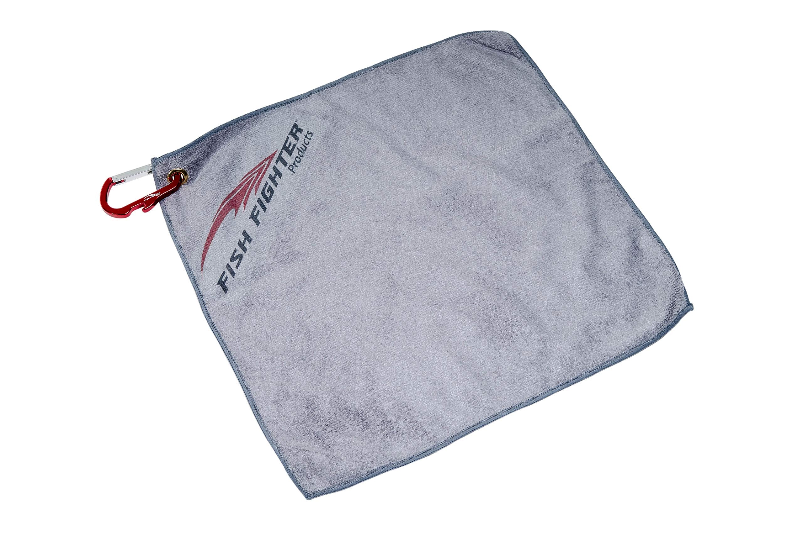 Fish Fighter bait towel 16x16 gray attached to belt loop for quick cleanup.