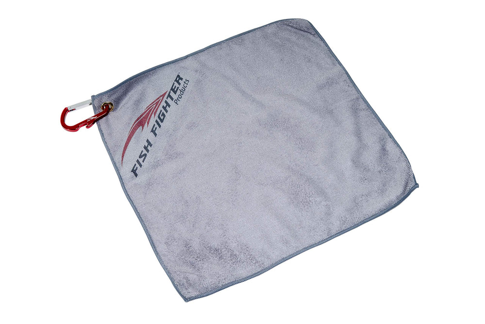 Fish Fighter bait towel 16x16 gray attached to belt loop for quick cleanup.