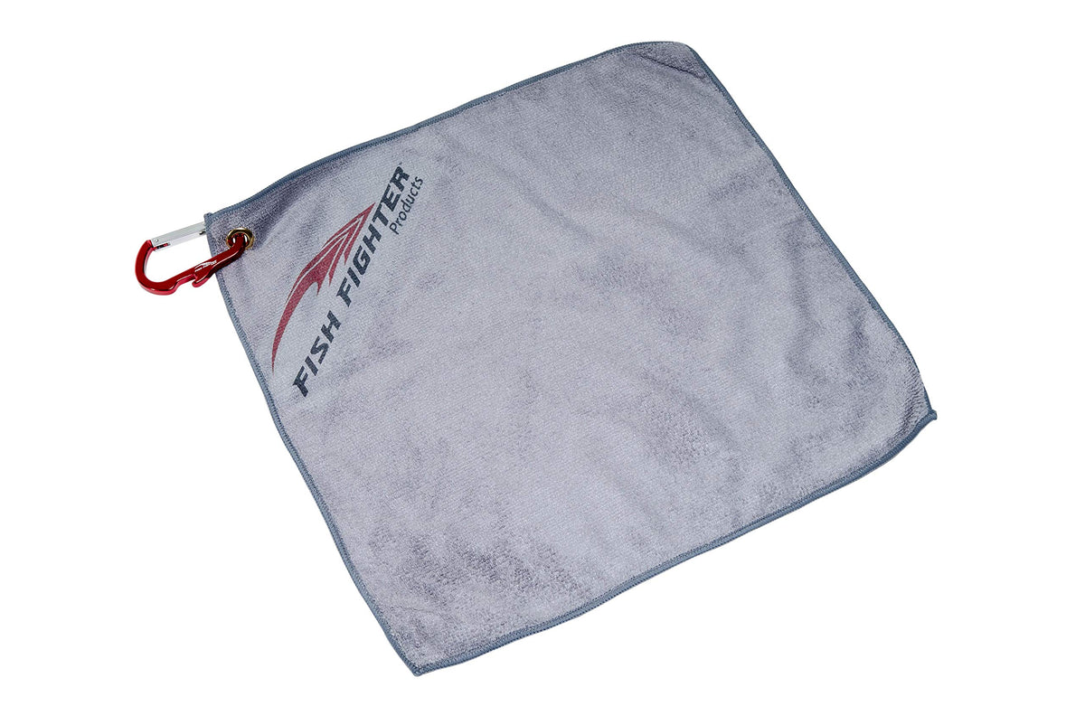 Fish Fighter bait towel 16x16 gray attached to belt loop for quick cleanup.