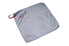 Fish Fighter bait towel 16x16 gray attached to belt loop for quick cleanup.