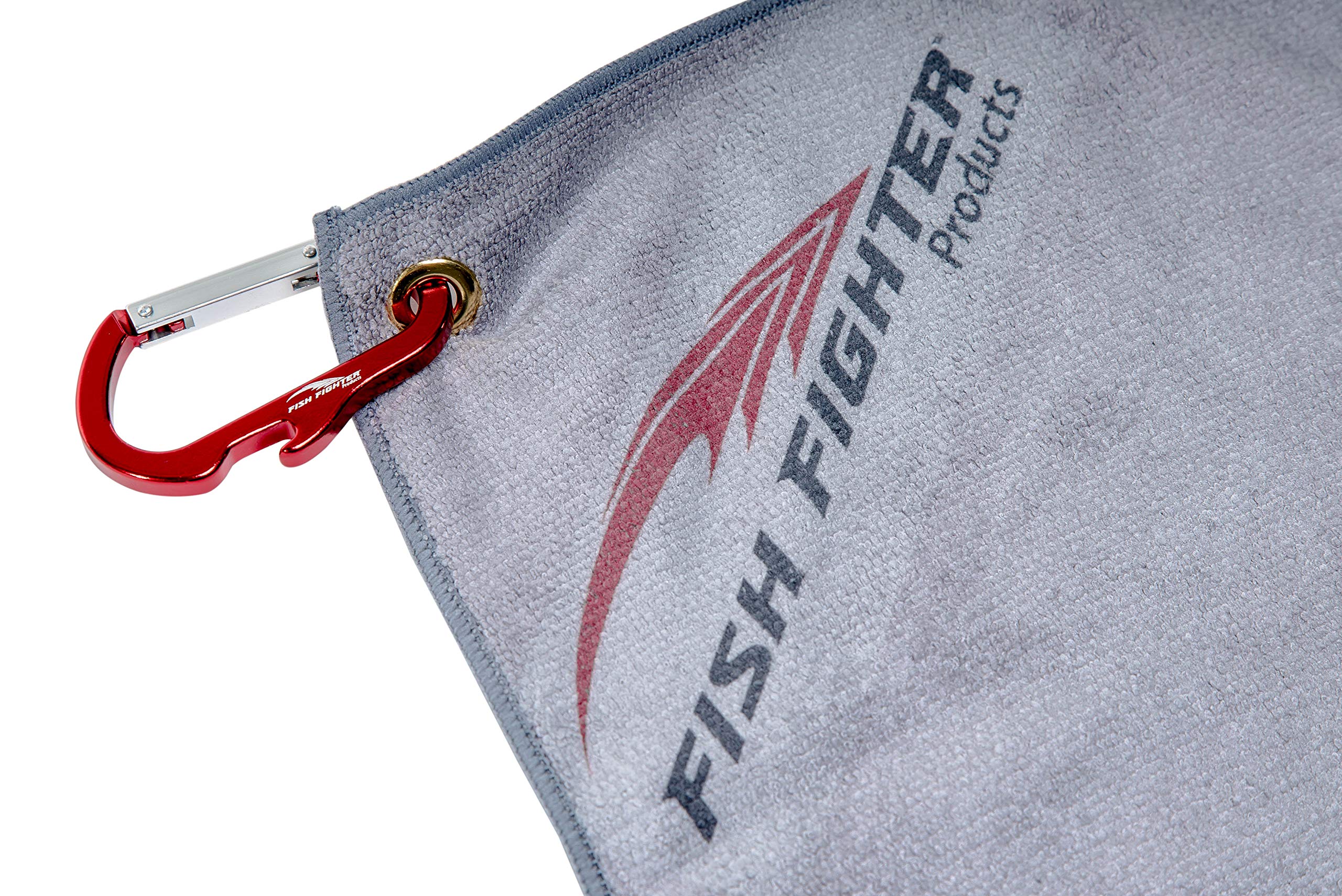 Fish Fighter towel with carabiner and bottle opener keeps gear handy.
