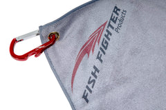 Fish Fighter towel with carabiner and bottle opener keeps gear handy.