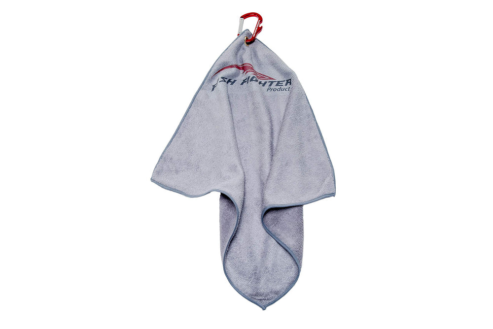Fish Fighter microfiber towel shows absorbent surface for spills and hands.