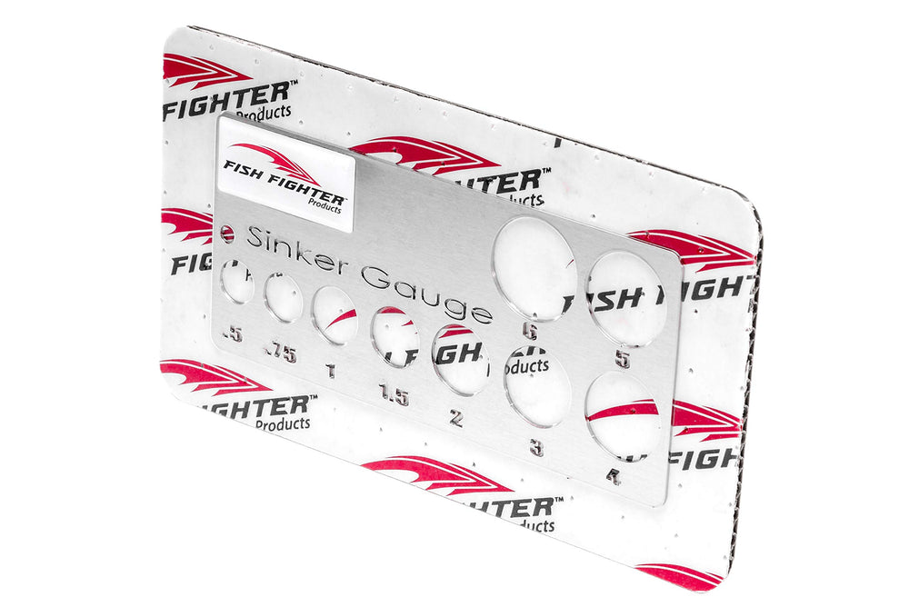 Fish Fighter Sinker Gauge close-up holes enable quick weight matching for rigs.