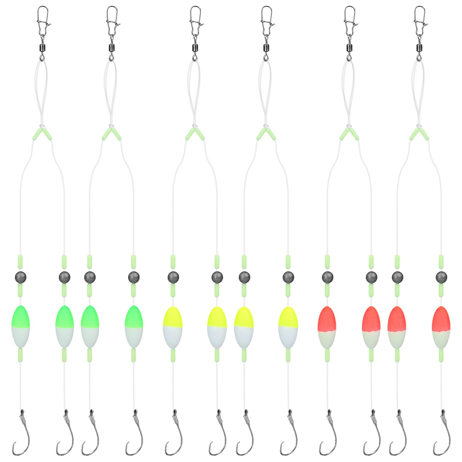 Six-piece fish finder float rig with double-hook setup