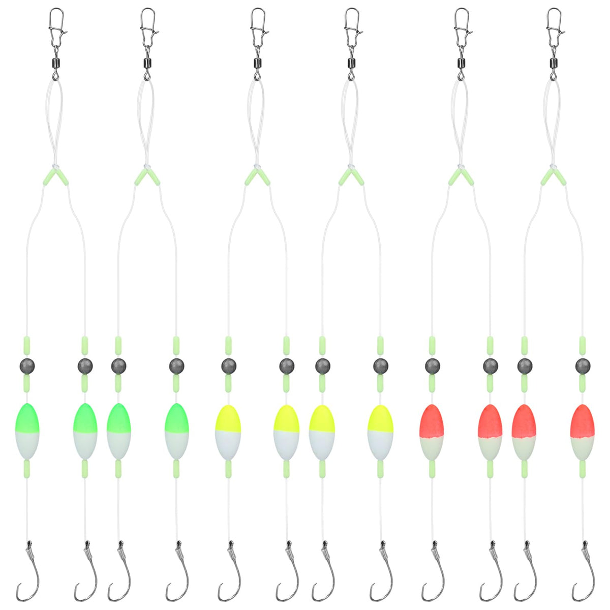 Six-piece fish finder float rig with double-hook setup
