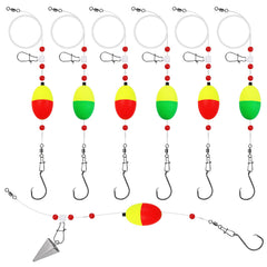 Oversized buoyant float on surf fishing rig with dual-color orange/green design