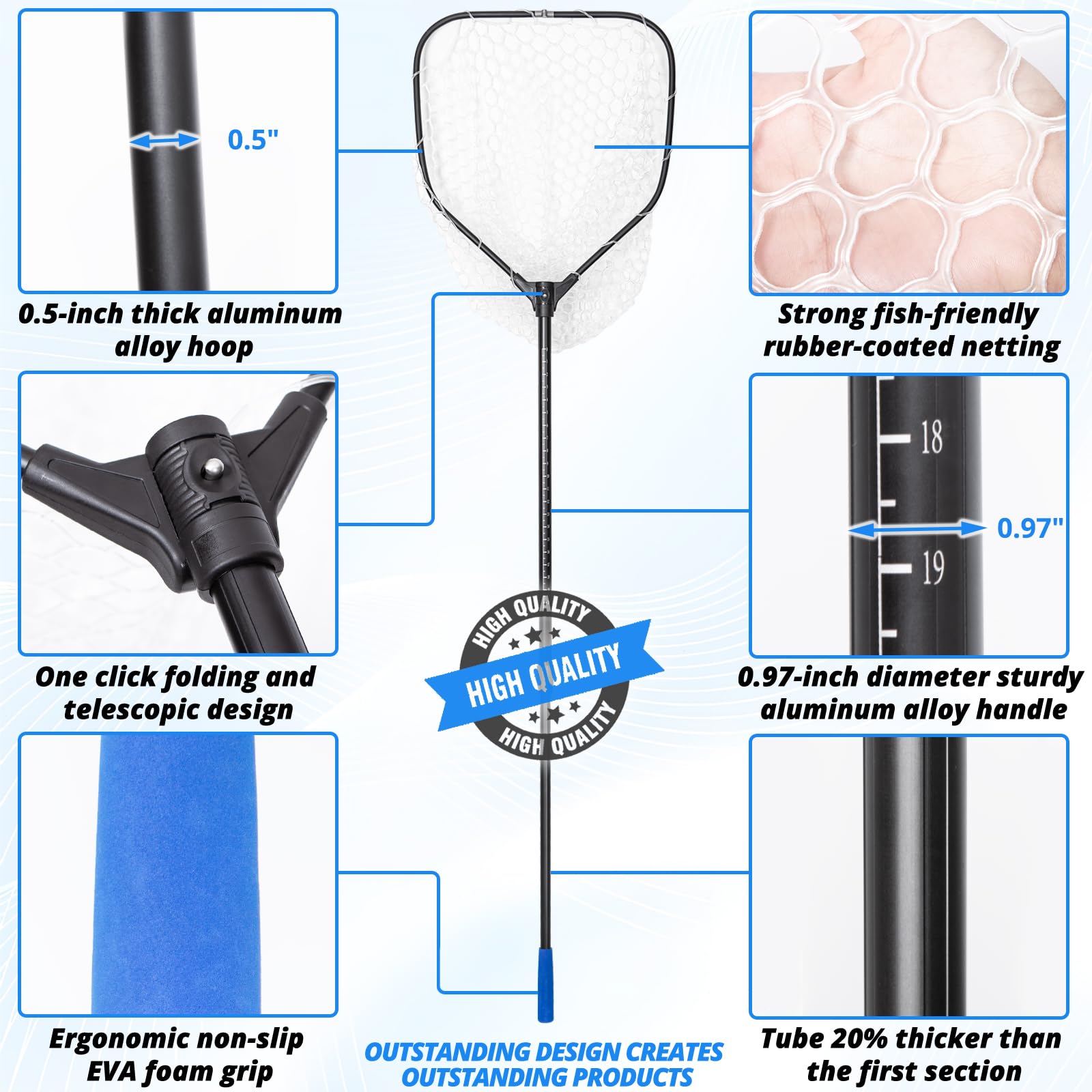 Wide 20 x 19 inch hoop for quick scooping of larger fish