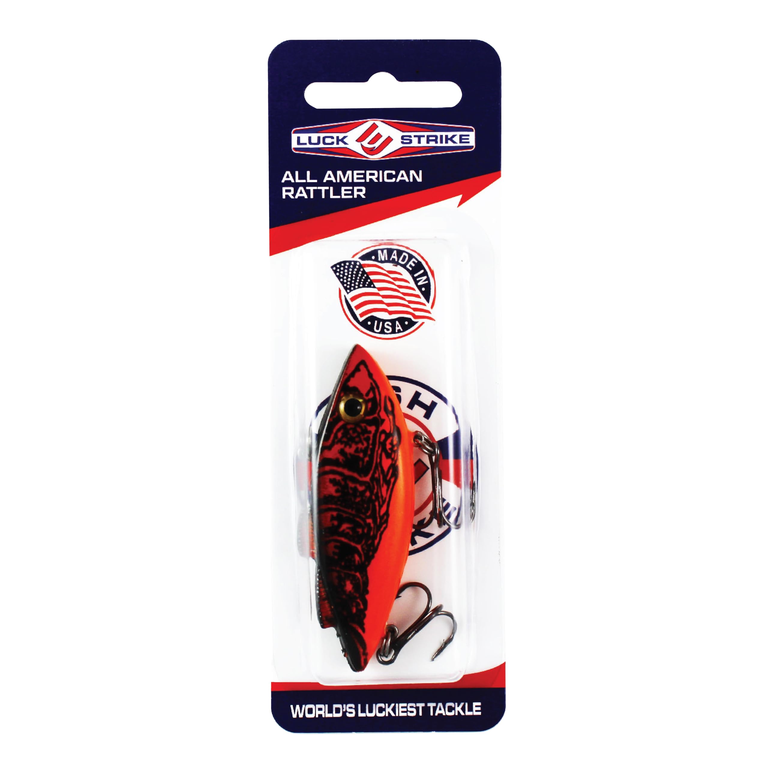 Fish Lucke All American Rattler front view with lifelike eyes for bass casting.