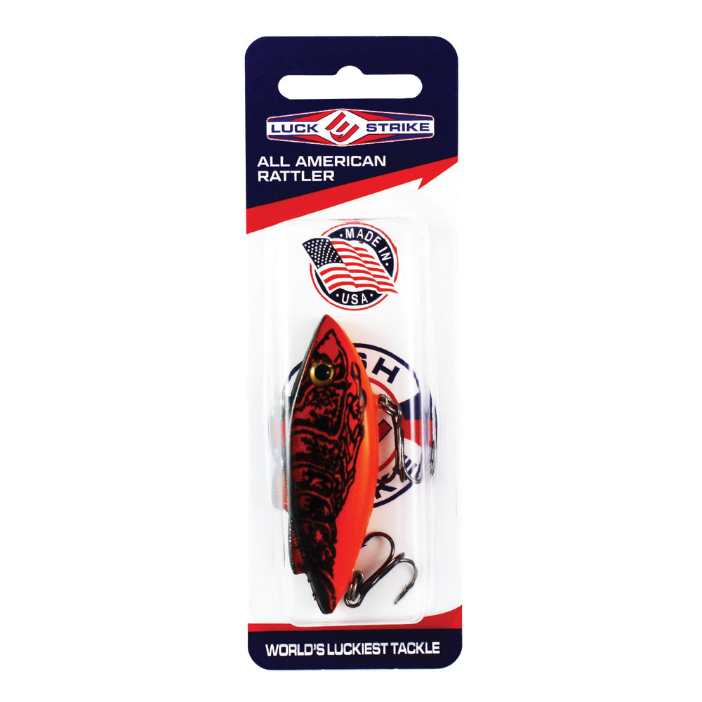 Fish Lucke All American Rattler front view with lifelike eyes for bass casting.