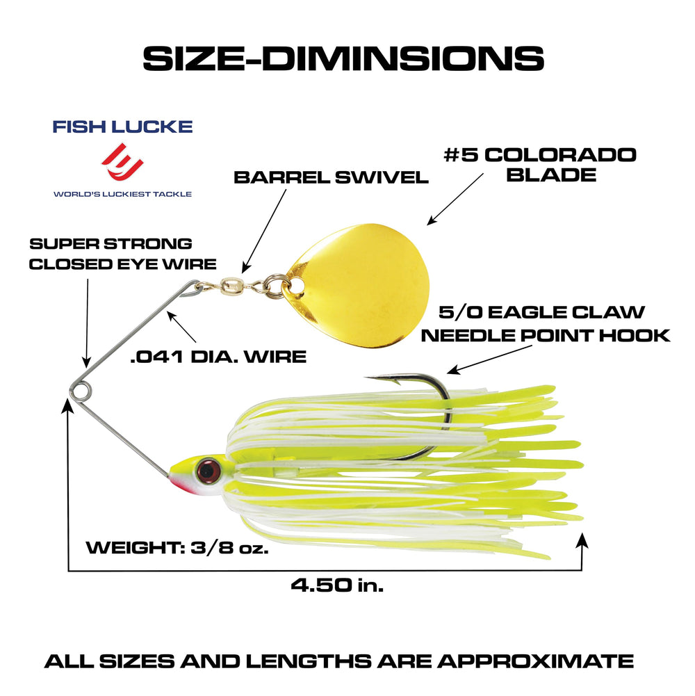 FISH LUCKE chartreuse/white skirt with oversized Colorado blade for thump and depth.