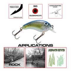 Close-up shows razor sharp treble hooks on the Crappie Magic lure.