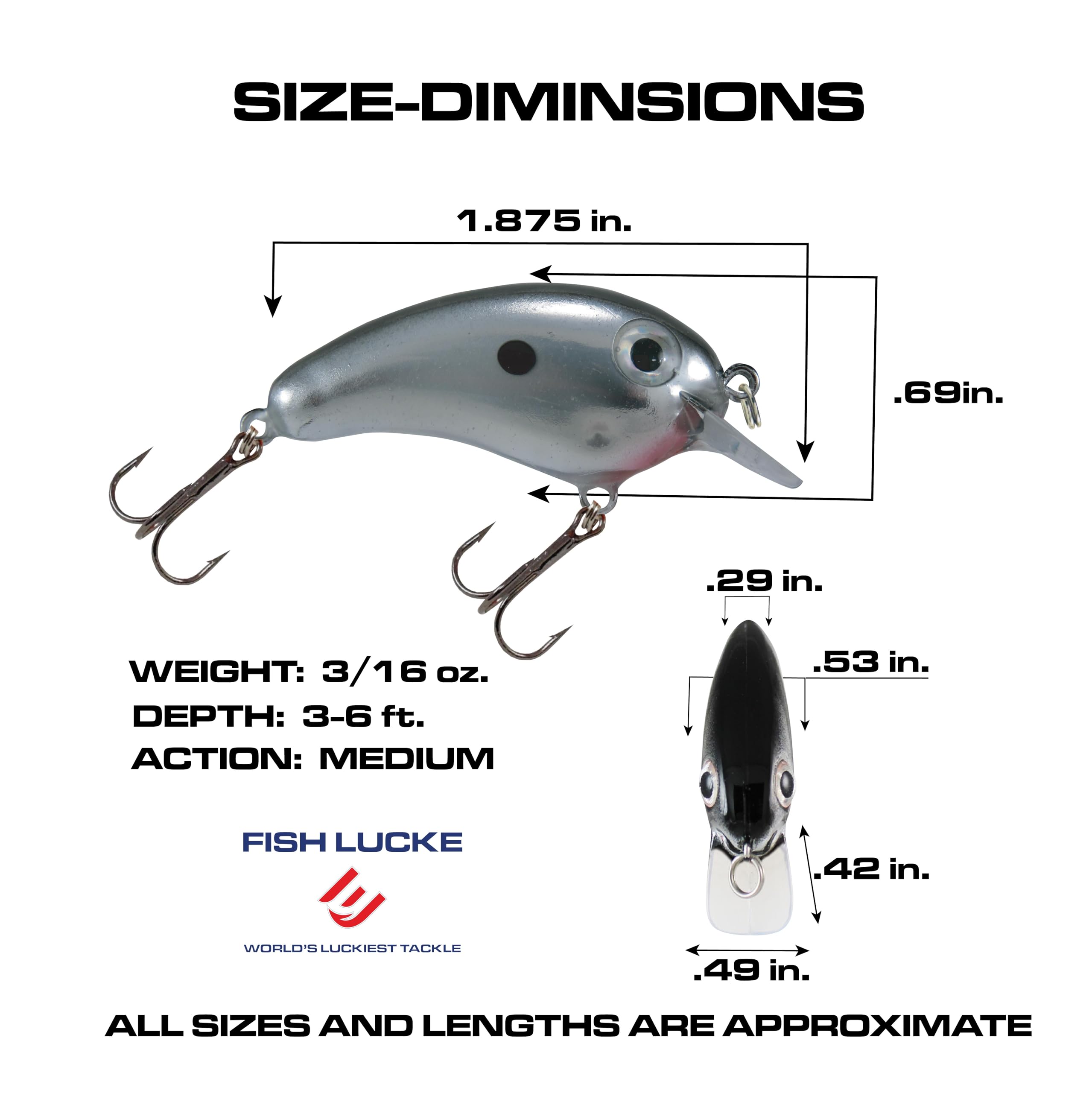 FISH LUCKE Crappie Magic crankbait side view showing 2-inch size for precise casting.