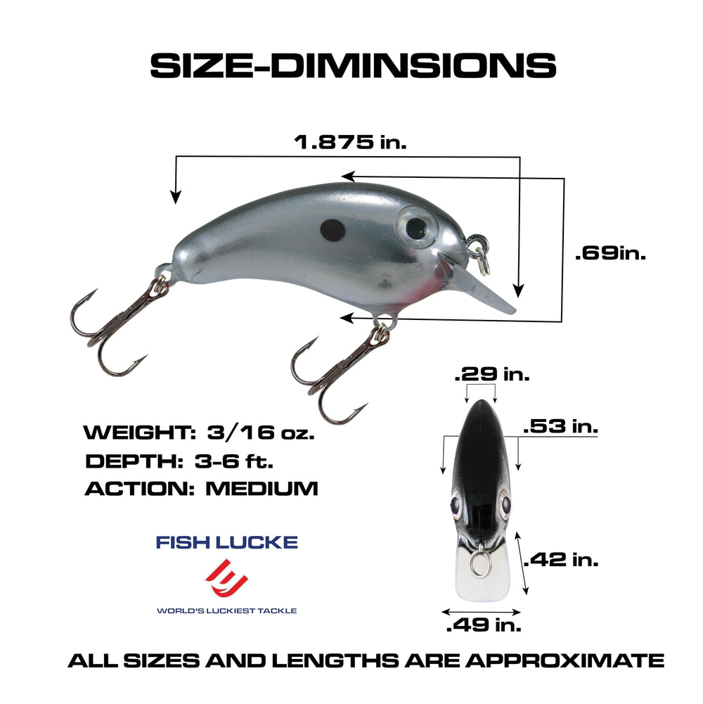 FISH LUCKE Crappie Magic crankbait side view showing 2-inch size for precise casting.