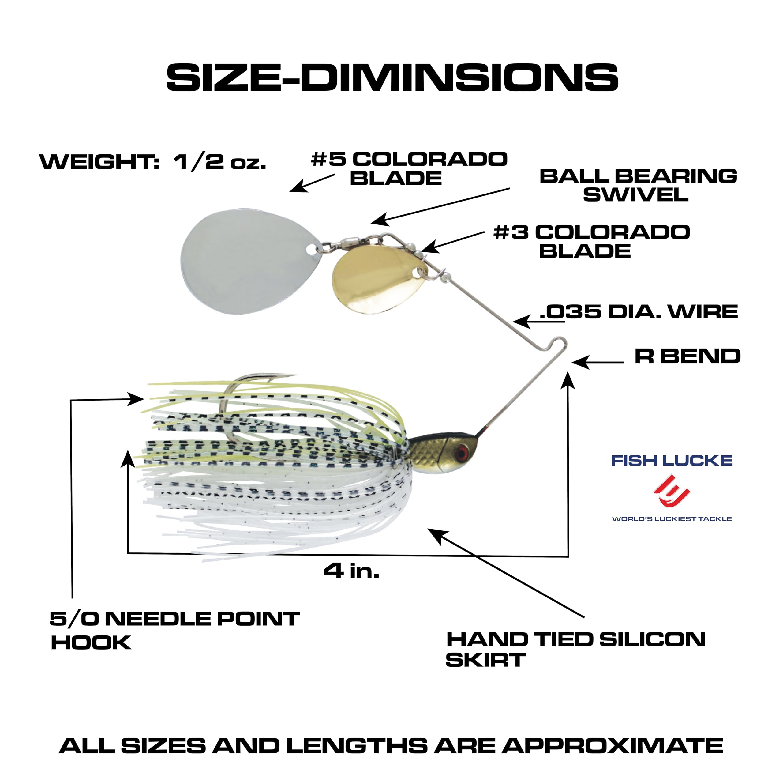 Luck-E-Strike Legends spinnerbait close up shows oversized blades and lifelike skirt.
