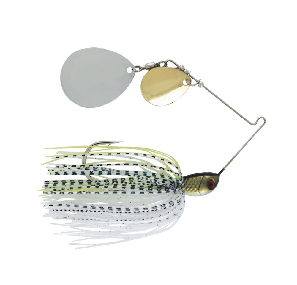 Luck-E-Strike Jimmy Houston Legends Spinnerbait front angle with dual Colorado blades for water flash.