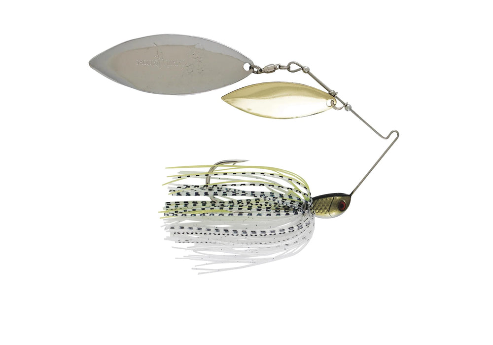 Luck-E-Strike Jimmy Houston Legends spinnerbait with willow blades enhances blade flash for bass attraction.