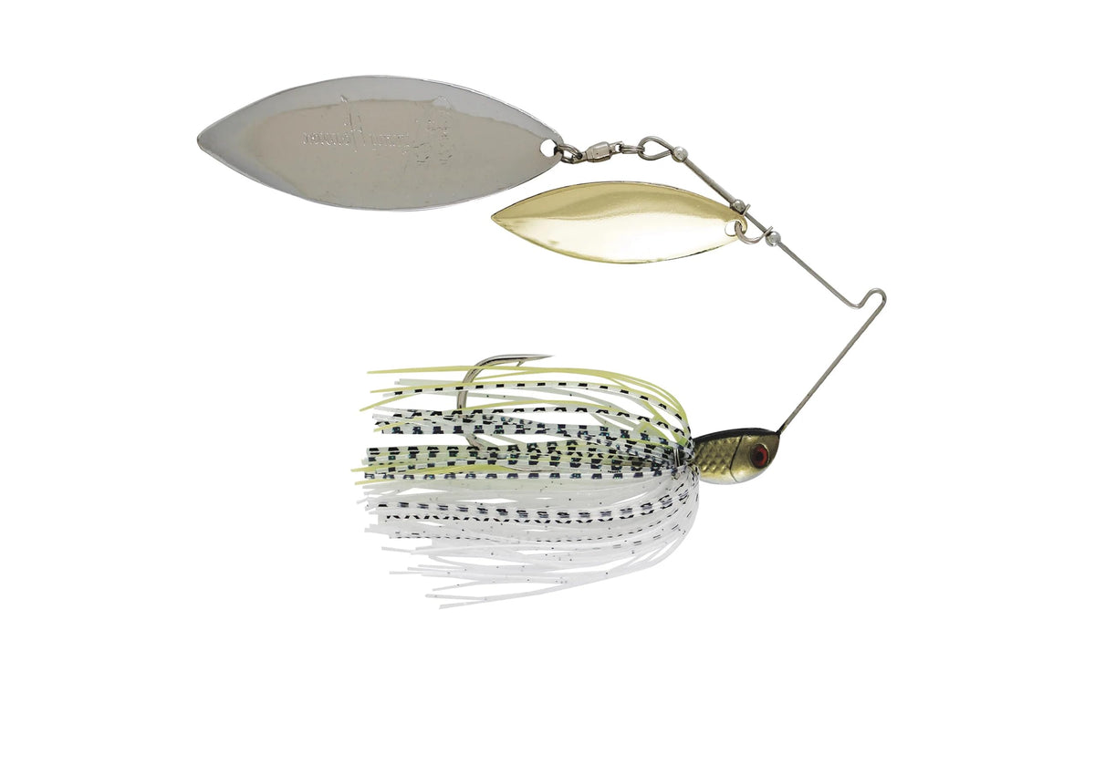 Luck-E-Strike Jimmy Houston Legends spinnerbait with willow blades enhances blade flash for bass attraction.